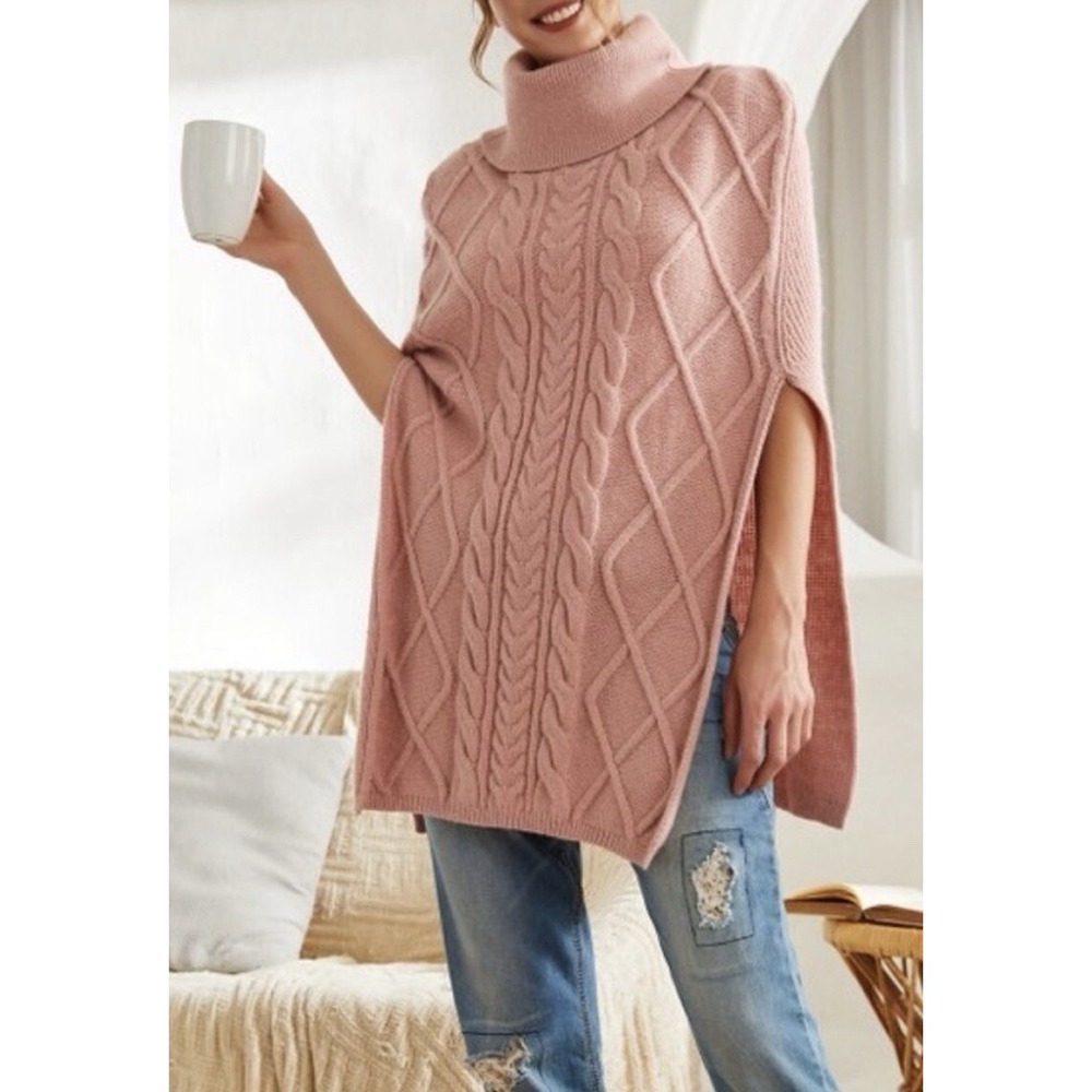 Simple Suzanne Betro Women's Cable Knit Poncho Plus Size 1X/2X Pink Cowl Neck